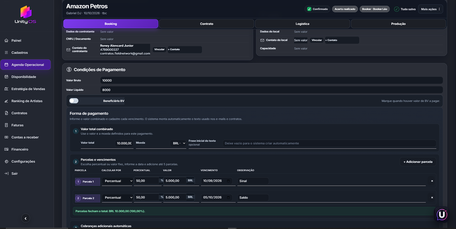Ficha de booking e operação do UnityOS